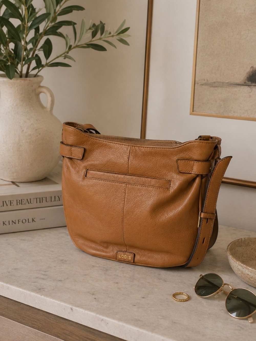 LODIS Tan Pebble Leather Shoulder Bag with Adjustable Strap